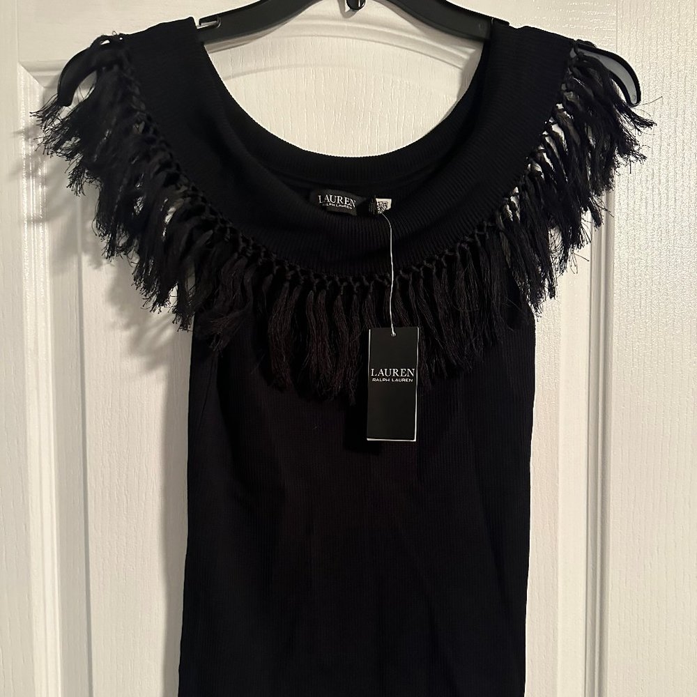NWT | Lauren Ralph Lauren Women’s Fringe Off-The-Shoulder Black Top | Size Large